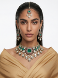 Qamar Emerald Ruby Moissanite Polki Kundan Diamond Luxe Necklace Set — front view — Prerto
