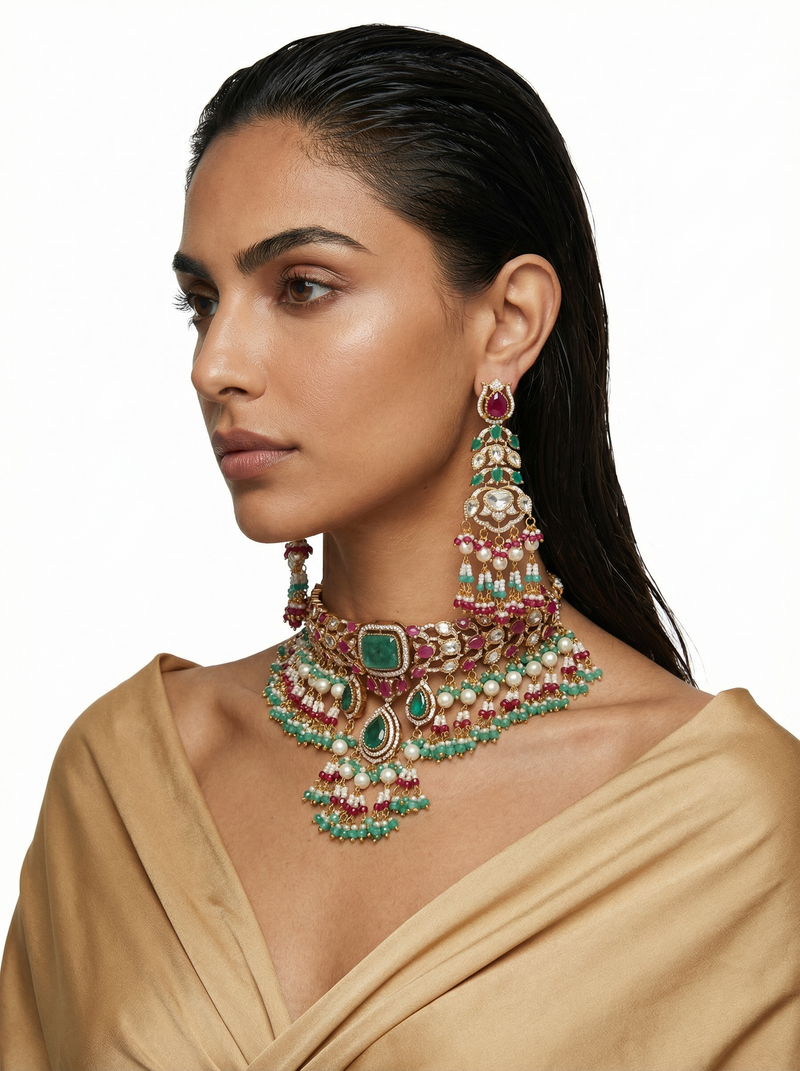 Emerald Doublets Ruby Pearls & Polki Dangling Necklace Set — detail view — Prerto