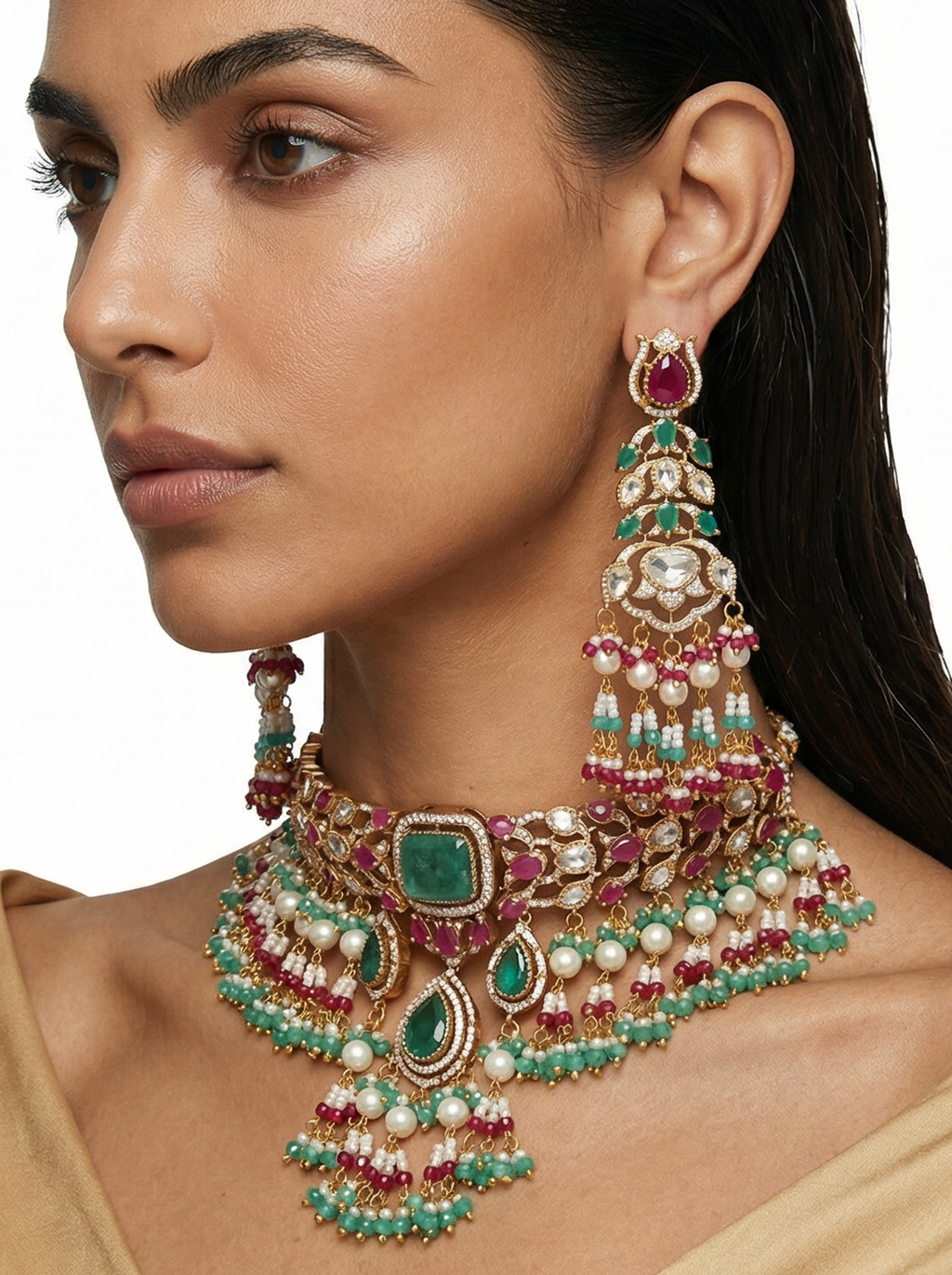Emerald Doublets Ruby Pearls & Polki Dangling Necklace Set — flat lay — Prerto