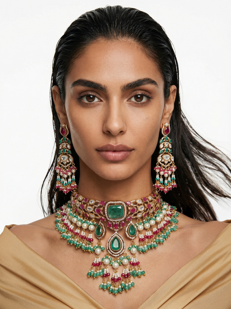 Emerald Doublets Ruby Pearls & Polki Dangling Necklace Set — front view — Prerto