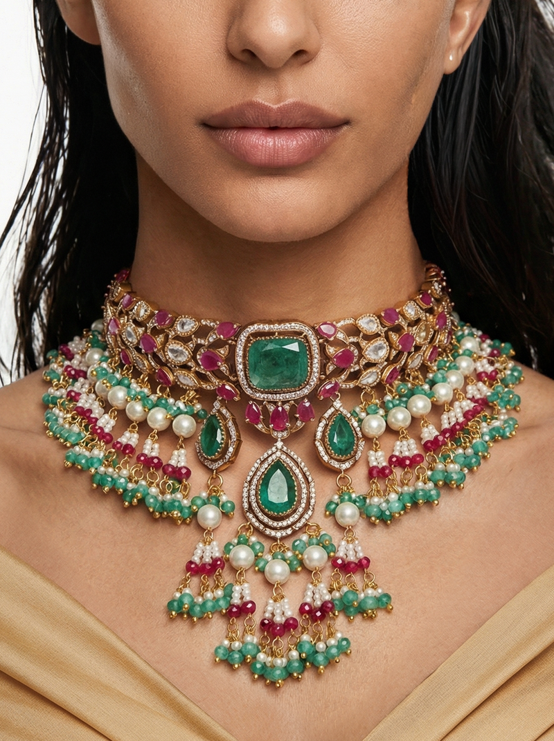 Emerald Doublets Ruby Pearls & Polki Dangling Necklace Set — worn on model — Prerto