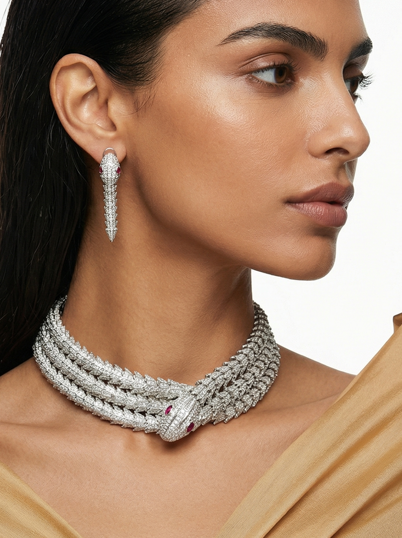 Serpentine Diamond Wrap Around Necklace Set — worn on model — Prerto
