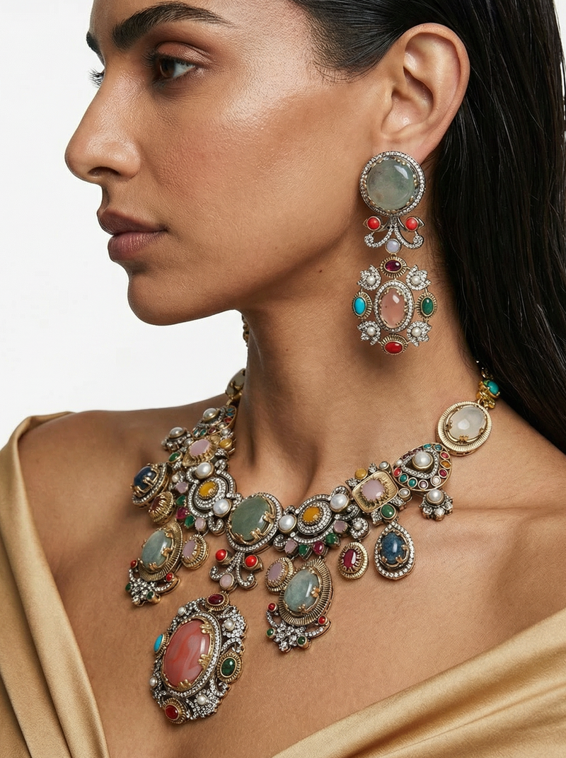 Zivara Luxe Multicolour Statement Necklace Set — detail view — Prerto