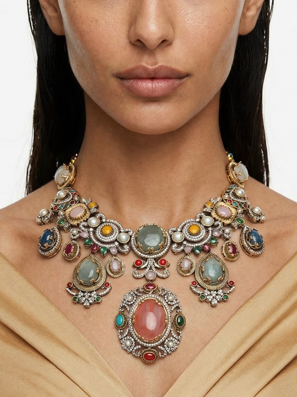 Zivara Luxe Multicolour Statement Necklace Set — flat lay — Prerto