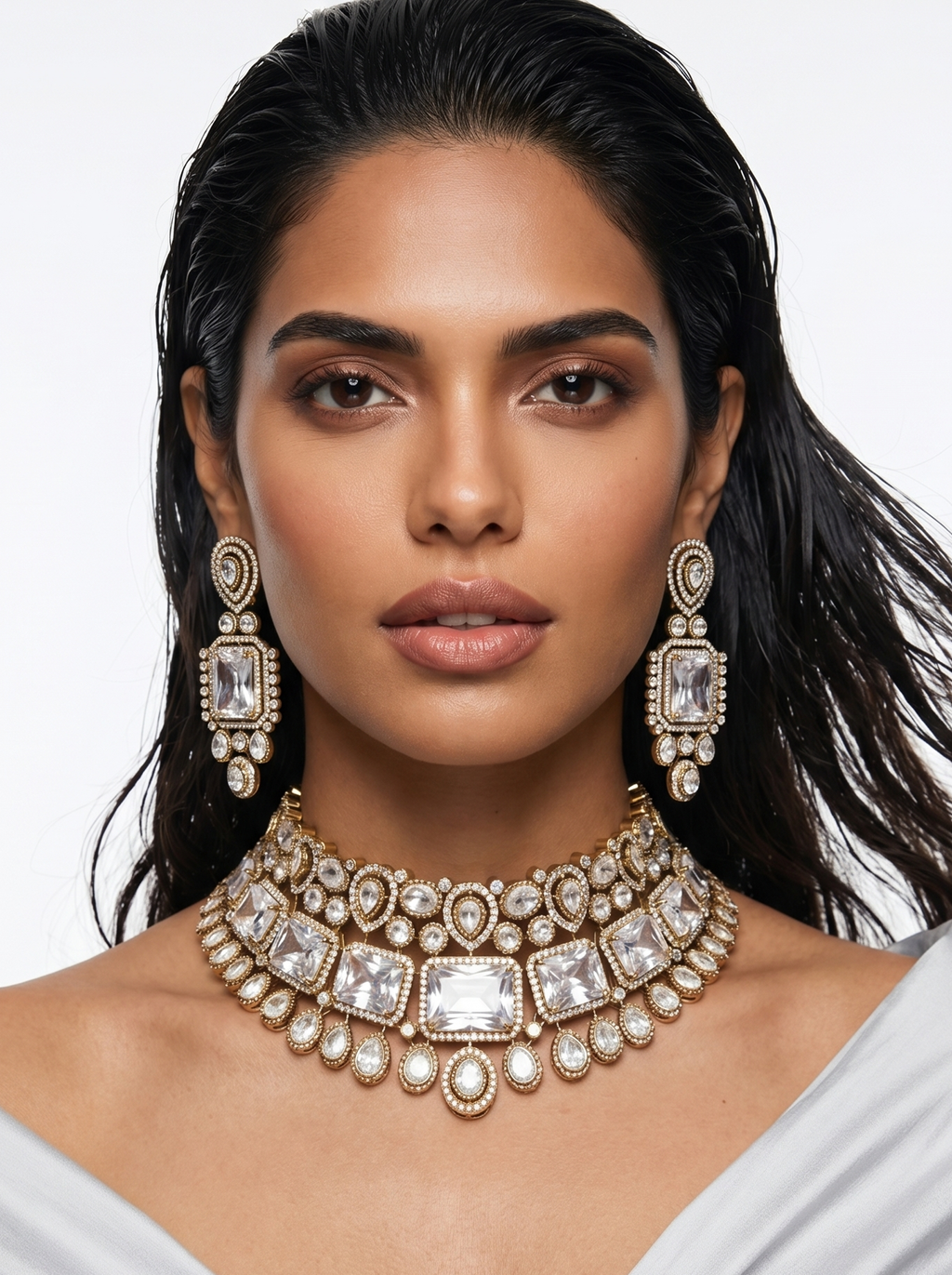 Maharani Zarfina Triple Courtly & Anand Polki Diamond Duo Necklace Set — flat lay — Prerto
