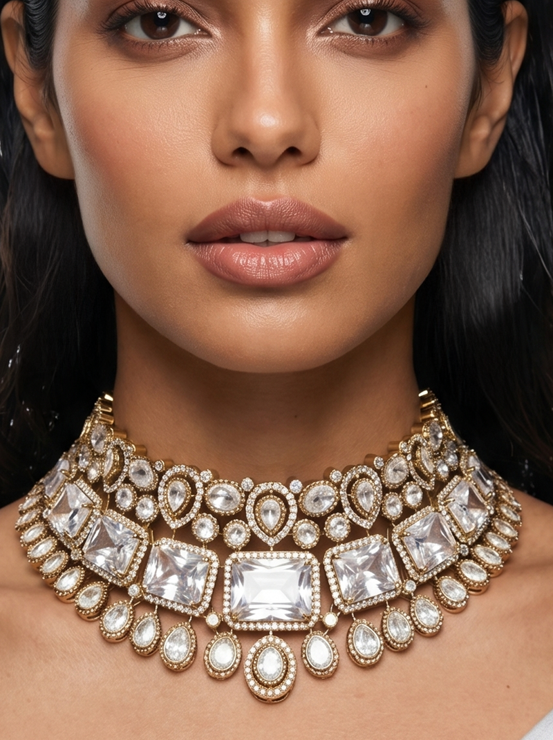Maharani Zarfina Triple Courtly & Anand Polki Diamond Duo Necklace Set — styled view — Prerto