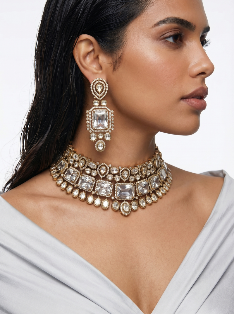 Maharani Zarfina Triple Courtly & Anand Polki Diamond Duo Necklace Set — side view — Prerto