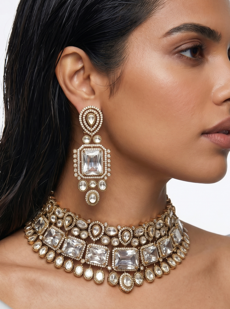 Maharani Zarfina Triple Courtly & Anand Polki Diamond Duo Necklace Set — close-up — Prerto