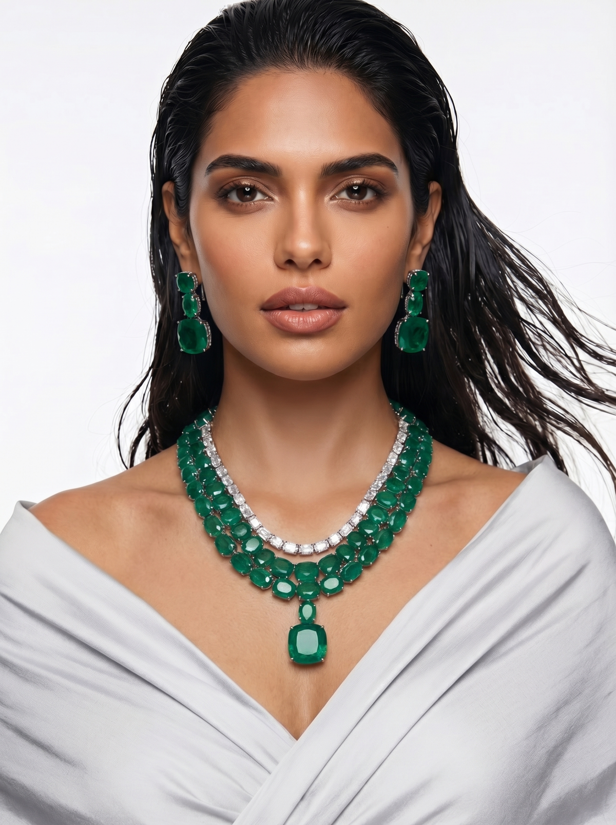 Boulder Emerald Diamond 3 Layer Statement Necklace Set by Prerto — Indian bridal jewellery