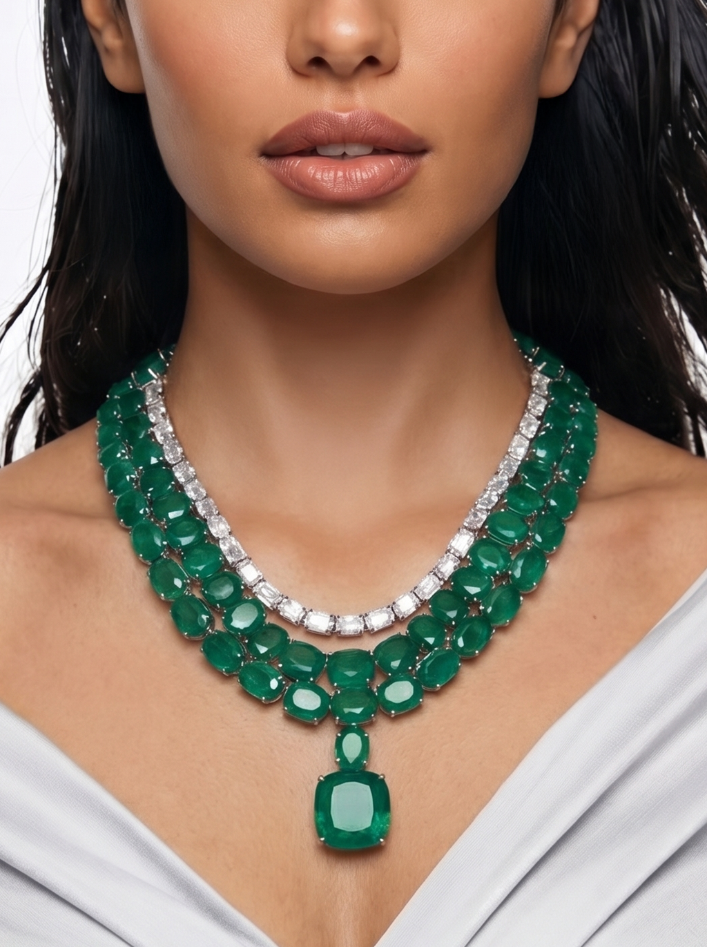 Boulder Emerald Diamond 3 Layer Statement Necklace Set — worn on model — Prerto