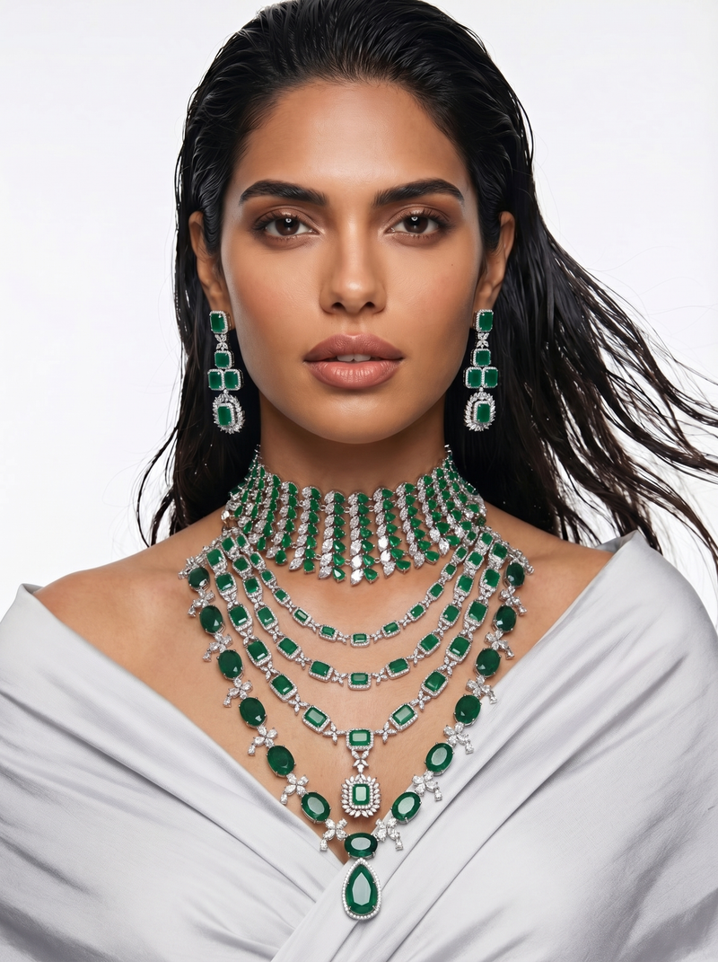 Maharani Heart Emeralds & Eshika 4 Layer Emerald Diamond Duo Necklace Set — front view — Prerto