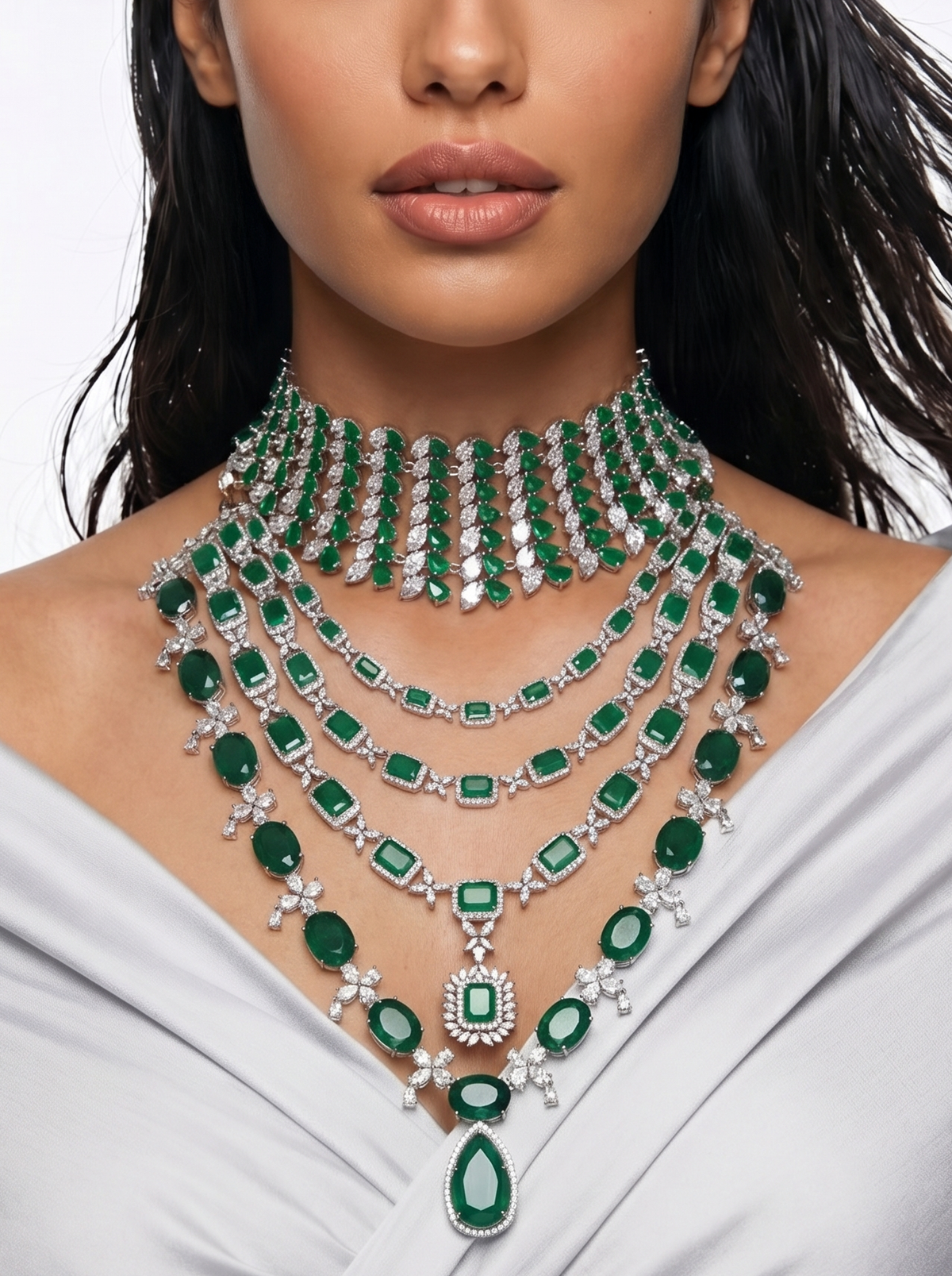 Maharani Heart Emeralds & Eshika 4 Layer Emerald Diamond Duo Necklace Set — worn on model — Prerto