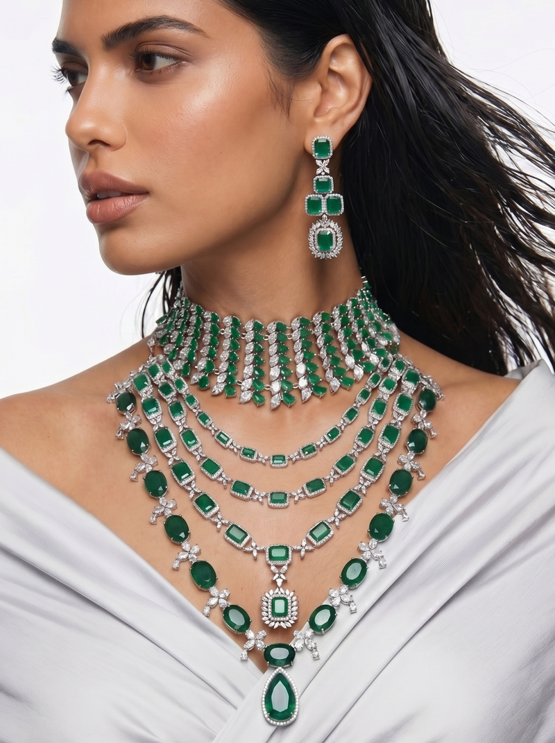 Maharani Heart Emeralds & Eshika 4 Layer Emerald Diamond Duo Necklace Set — detail view — Prerto