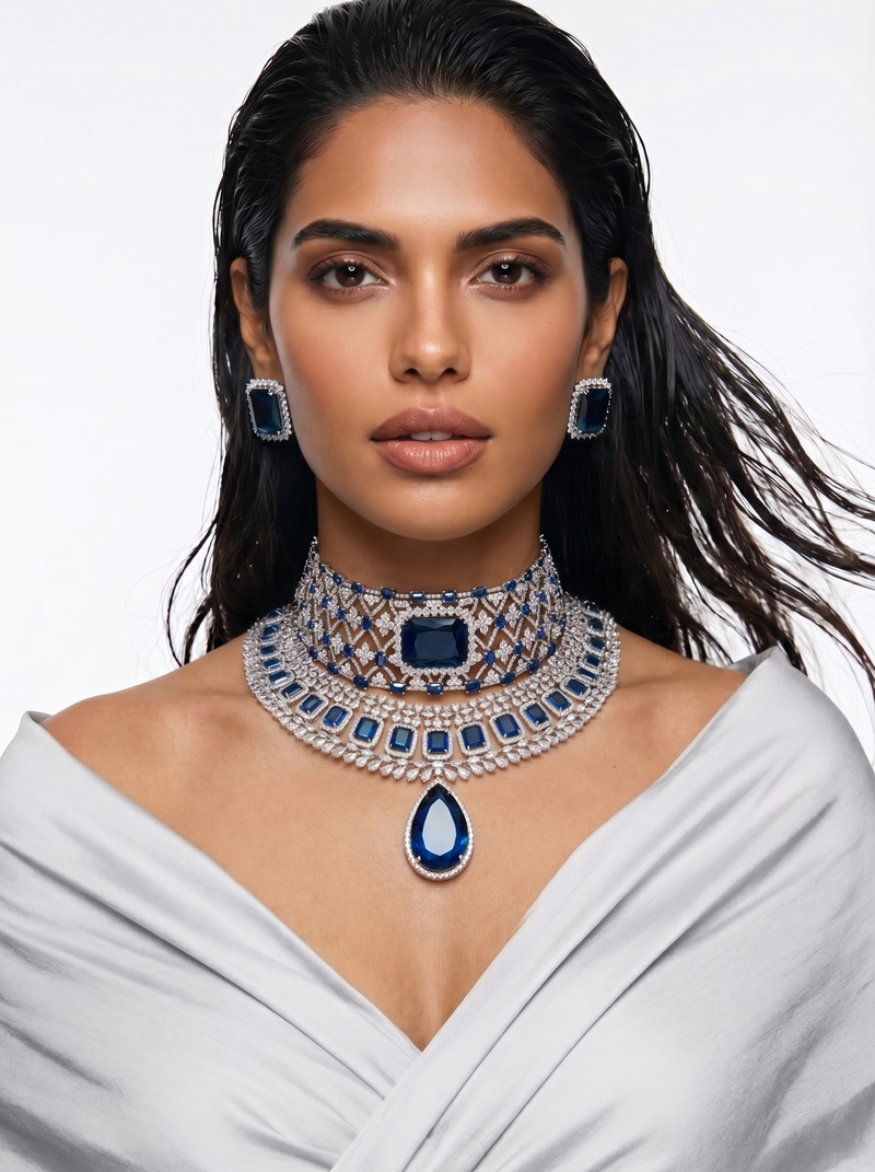 Maharani Sapphire Appliqué & Floral Dimonte Necklace Maharani Set — worn on model — Prerto