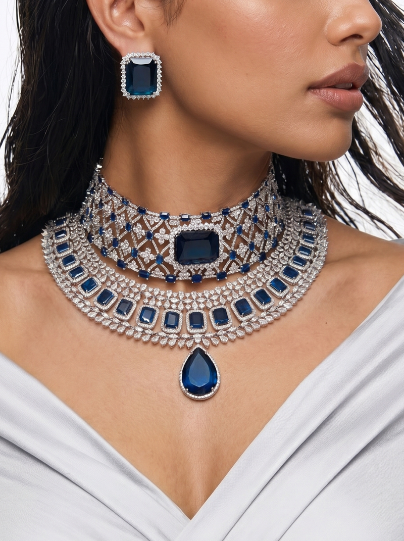 Maharani Sapphire Appliqué & Floral Dimonte Necklace Maharani Set — detail view — Prerto