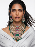 Partika Hexagon Grand Ruby & Emerald Polki Necklace Set — front view — Prerto