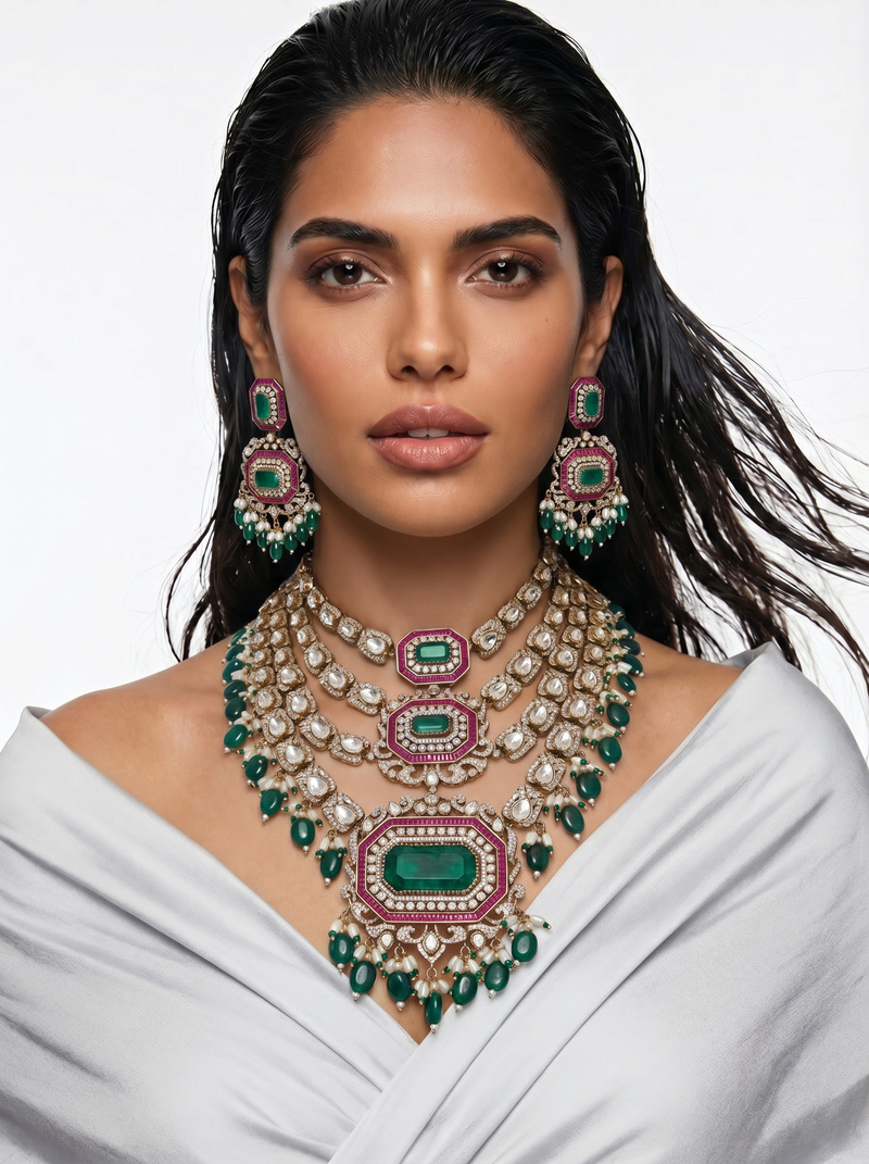 Partika Hexagon Grand Ruby & Emerald Polki Necklace Set — front view — Prerto