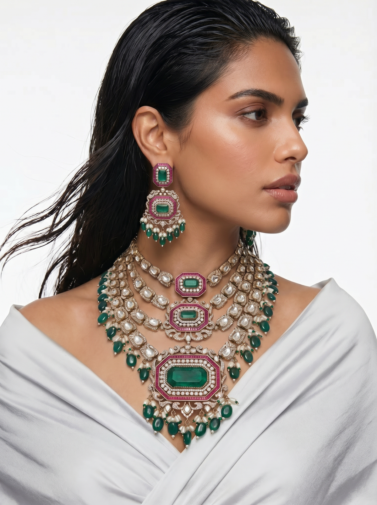 Partika Hexagon Grand Ruby & Emerald Polki Necklace Set — worn on model — Prerto