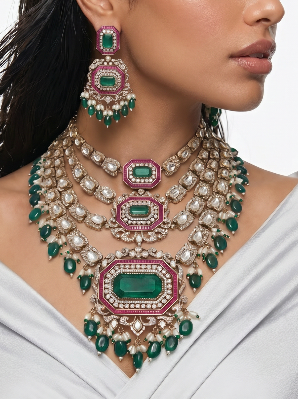 Partika Hexagon Grand Ruby & Emerald Polki Necklace Set — detail view — Prerto
