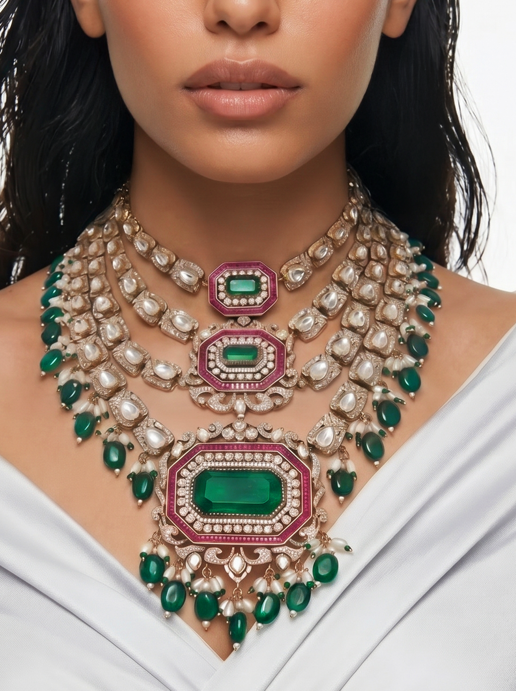 Partika Hexagon Grand Ruby & Emerald Polki Necklace Set — flat lay — Prerto
