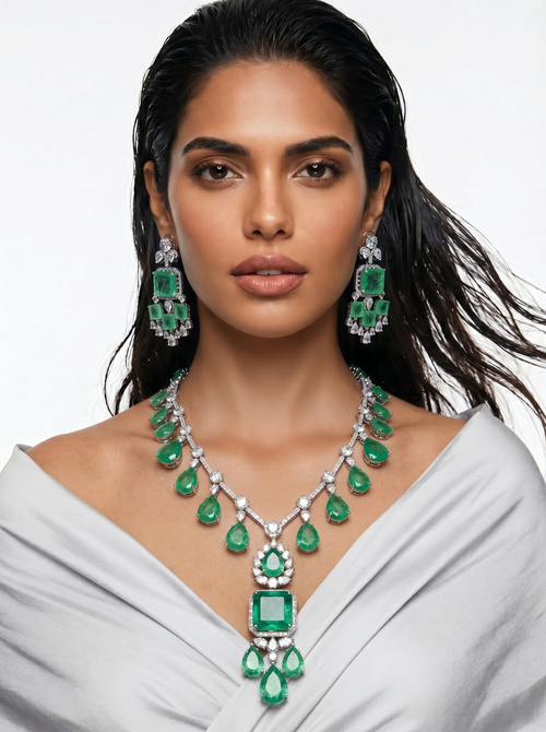 Yuri Mint Green Tear Drop Dimonte Statement Necklace Set by Prerto — Indian bridal jewellery