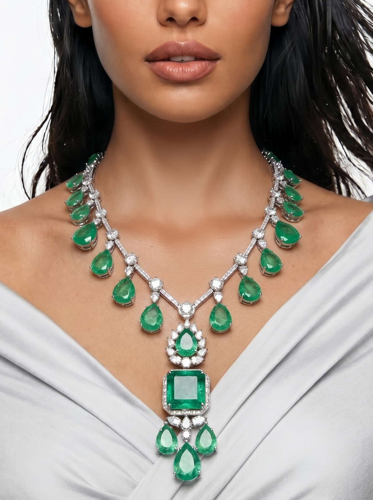 Yuri Mint Green Tear Drop Dimonte Statement Necklace Set — worn on model — Prerto