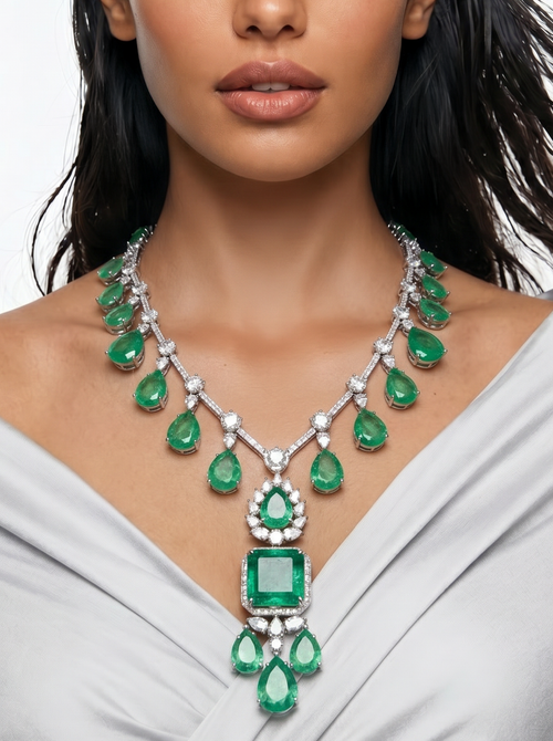 Yuri Mint Green Tear Drop Dimonte Statement Necklace Set — worn on model — Prerto