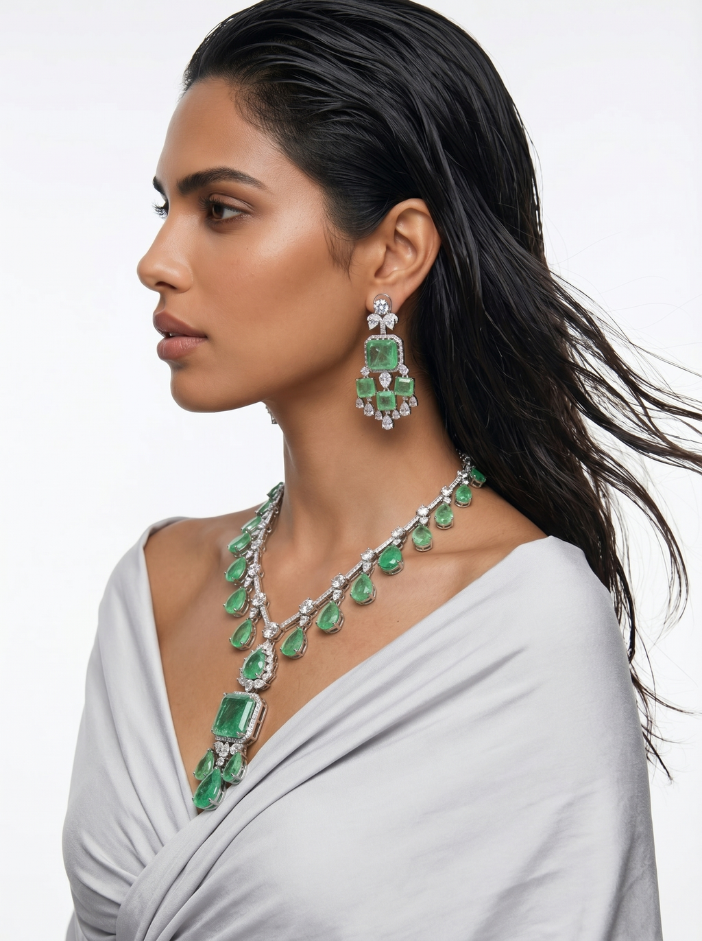 Yuri Mint Green Tear Drop Dimonte Statement Necklace Set — flat lay — Prerto