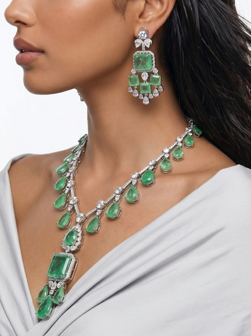 Yuri Mint Green Tear Drop Dimonte Statement Necklace Set — detail view — Prerto