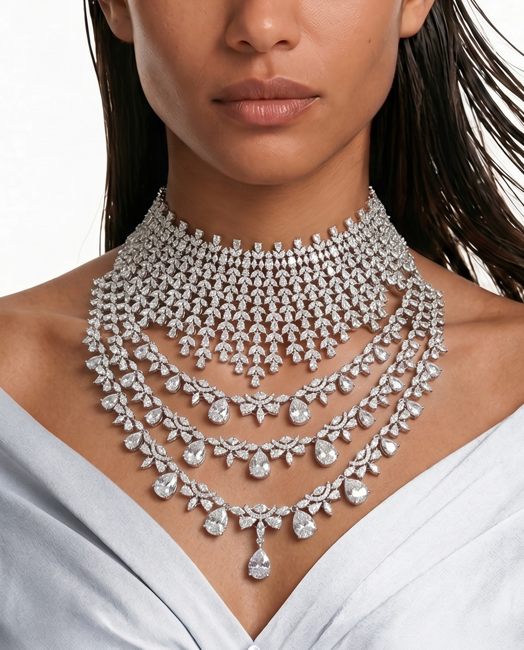 Maharani 3 Grande Layer Dimonte & Honeybee Dimonte Duo Necklace Set — detail view — Prerto