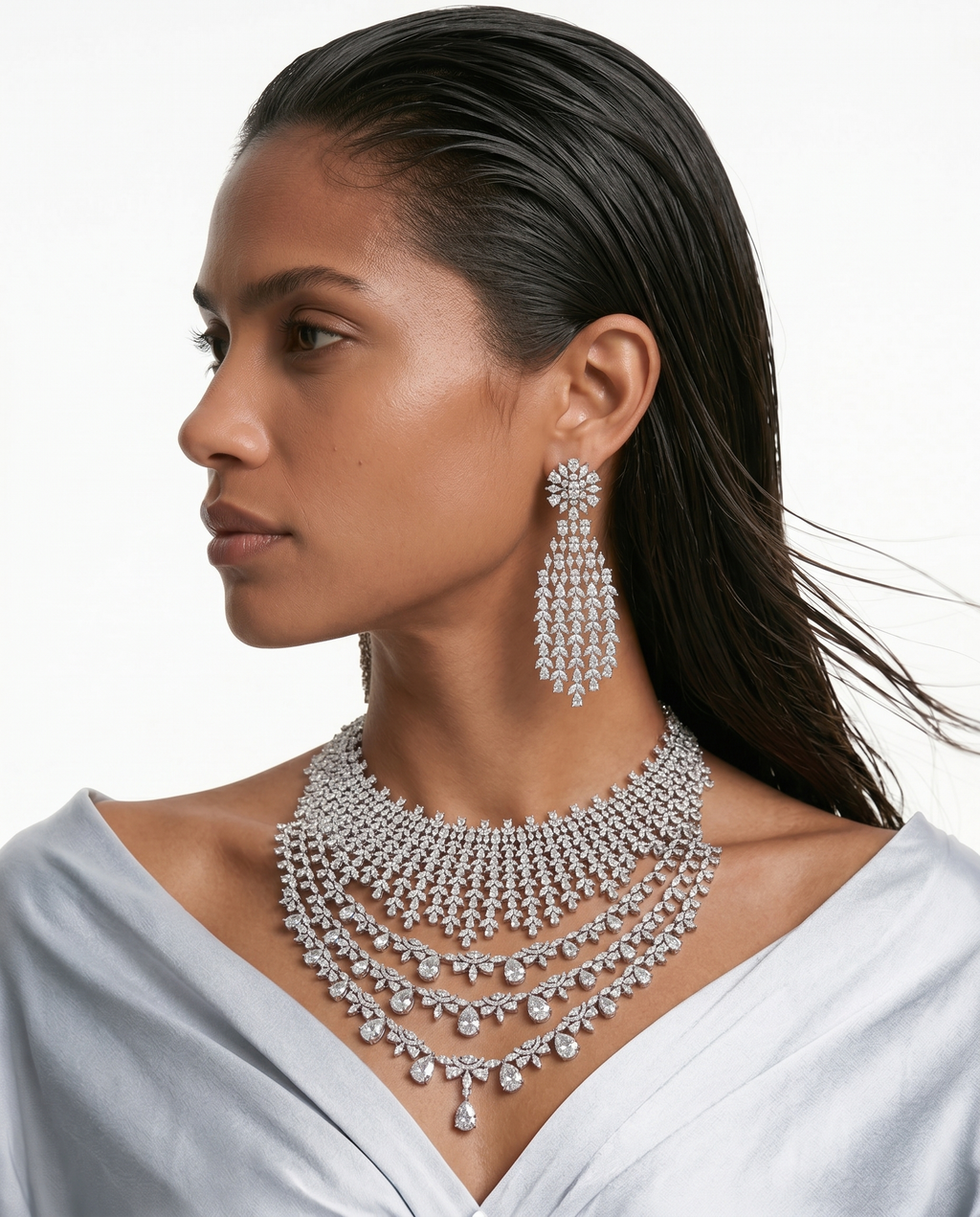 Maharani 3 Grande Layer Dimonte & Honeybee Dimonte Duo Necklace Set — worn on model — Prerto