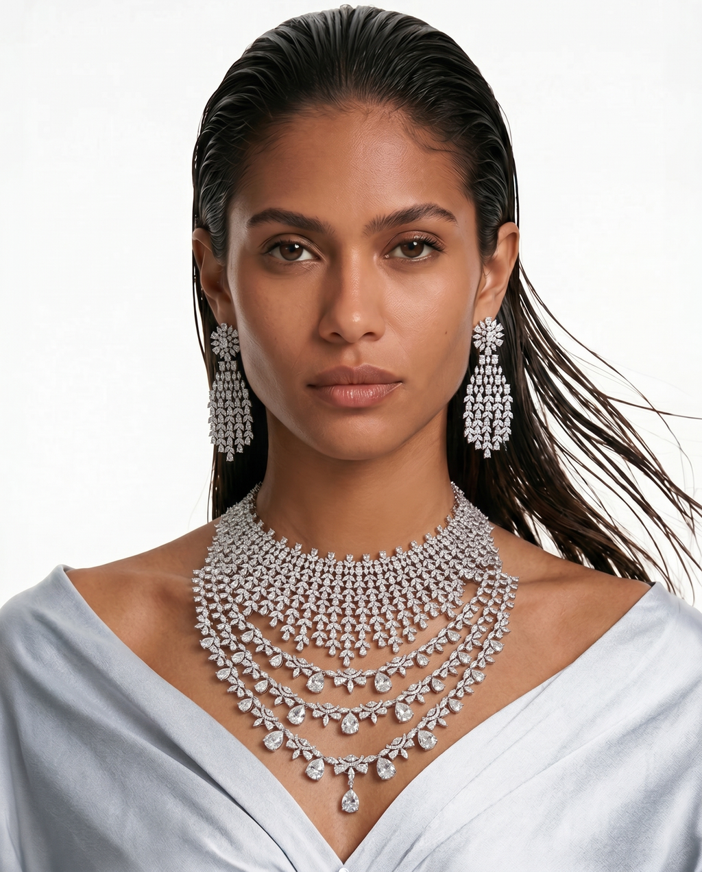 Maharani 3 Grande Layer Dimonte & Honeybee Dimonte Duo Necklace Set — front view — Prerto