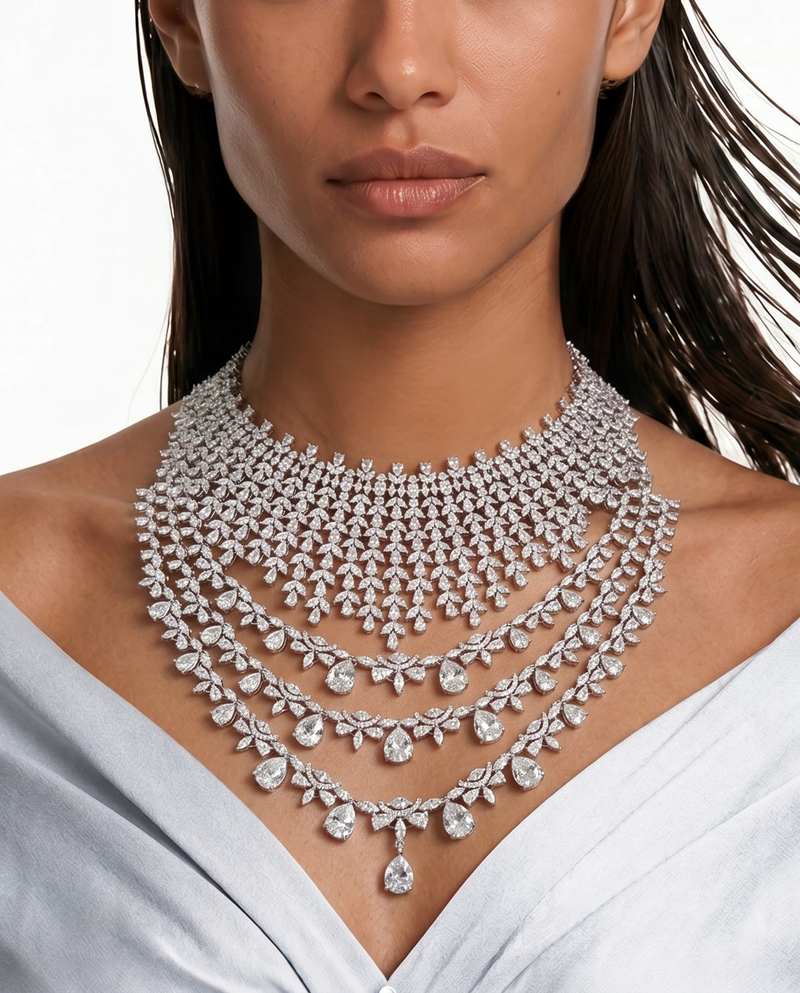 Maharani 3 Grande Layer Dimonte & Honeybee Dimonte Duo Necklace Set — flat lay — Prerto