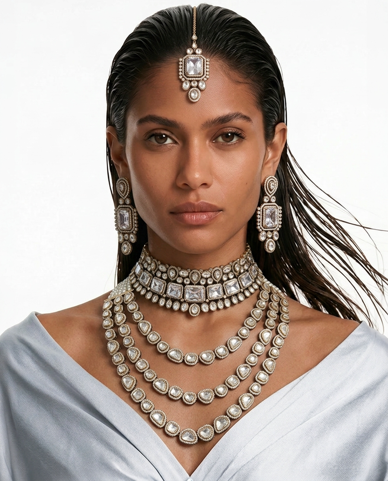 Maharani Zarfina Triple Courtly & Anand Polki Diamond Duo Necklace Set — front view — Prerto