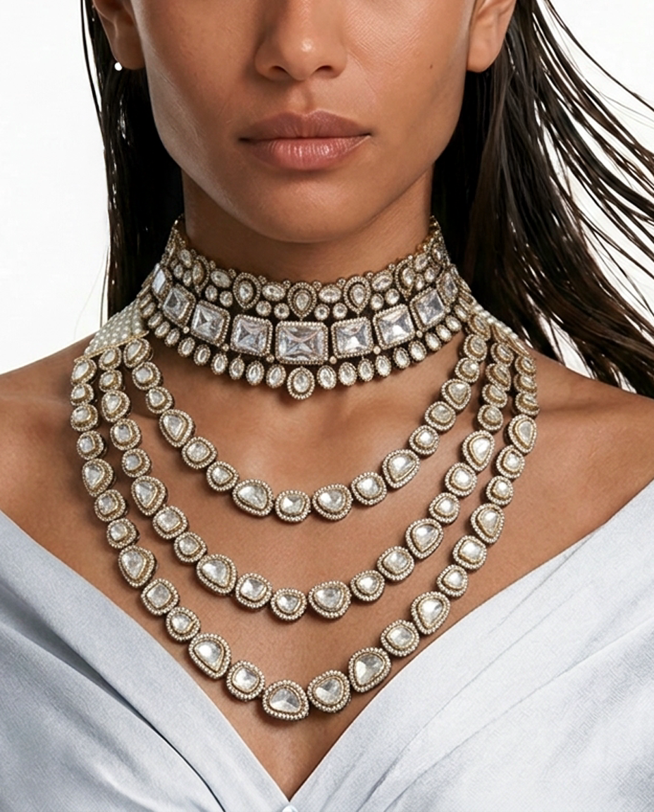 Maharani Zarfina Triple Courtly & Anand Polki Diamond Duo Necklace Set — worn on model — Prerto