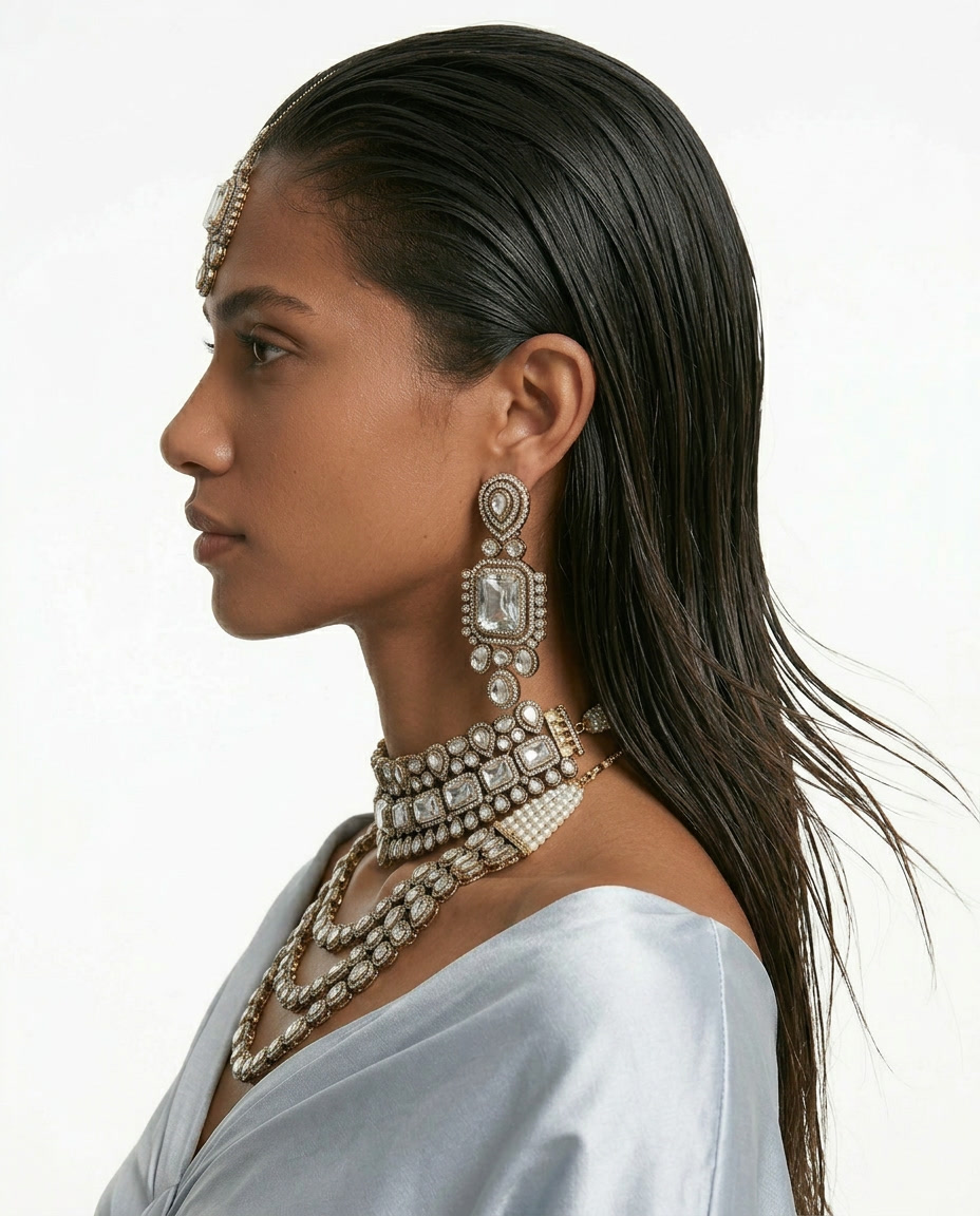 Maharani Zarfina Triple Courtly & Anand Polki Diamond Duo Necklace Set — detail view — Prerto