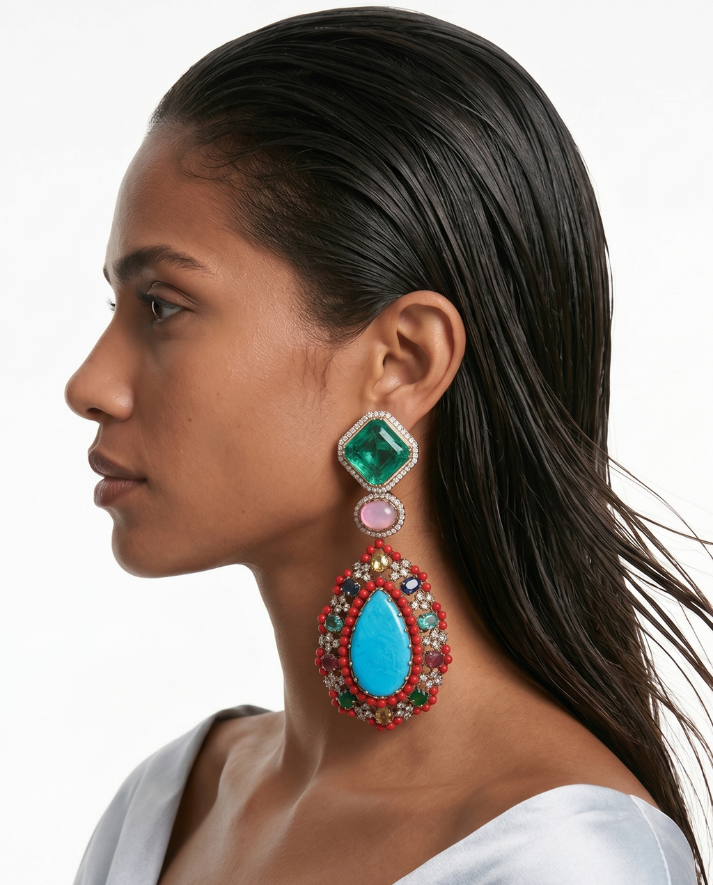 Maeve Semi Precious Teal Sea Green Red Zircon Statement Earrings by Prerto — festive jewellery