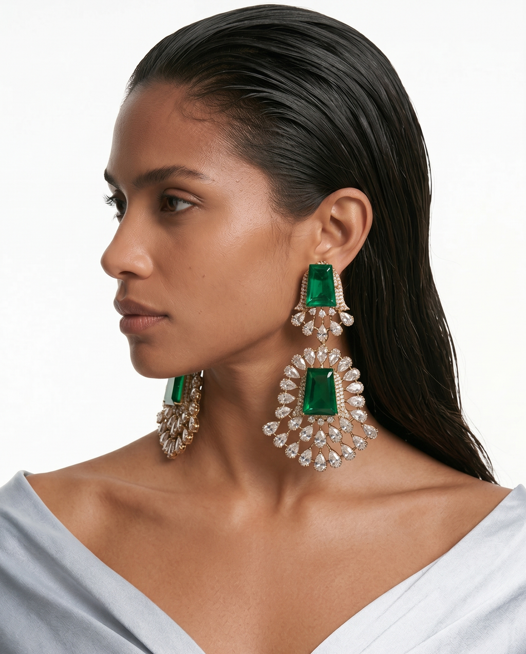 Evelyn Gold Plated Semi Emerald Zircon Statement Earrings by Prerto — festive jewellery