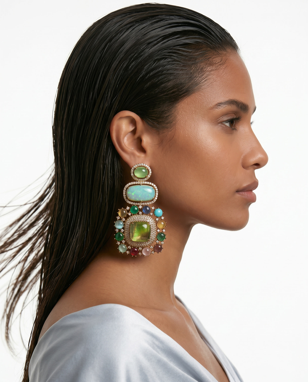 Emilia Multi Colour Semi Precious Green Turquoise Statement Earrings by Prerto — festive jewellery