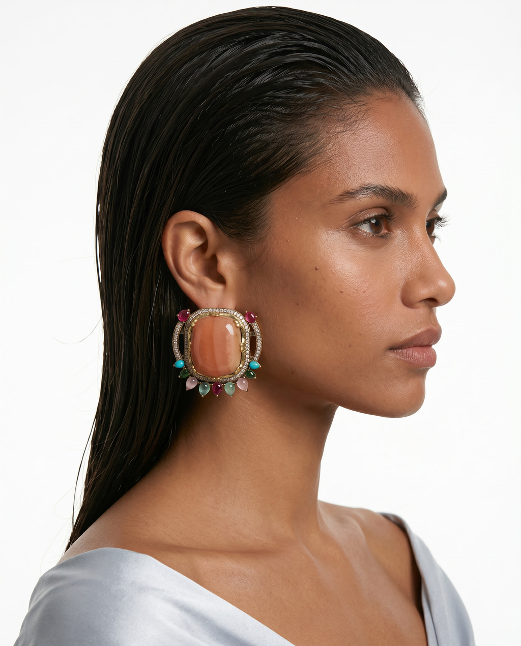 Naomi Multi Colour Semi Precious Peach Statement Stud Earrings by Prerto — festive jewellery