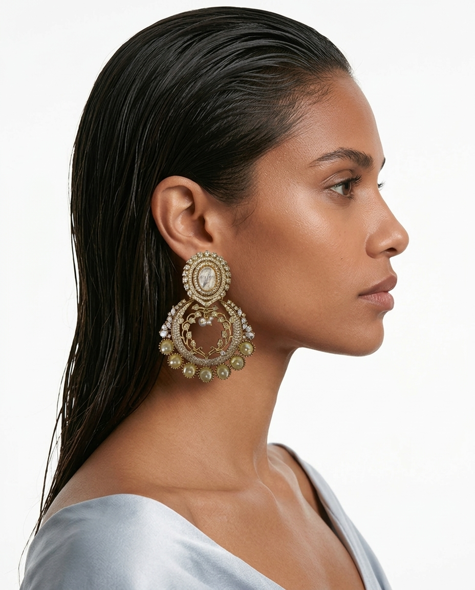 Fareeha Semi Precious Moonstone Zircon Pearl Statement Earrings — worn on model — Prerto