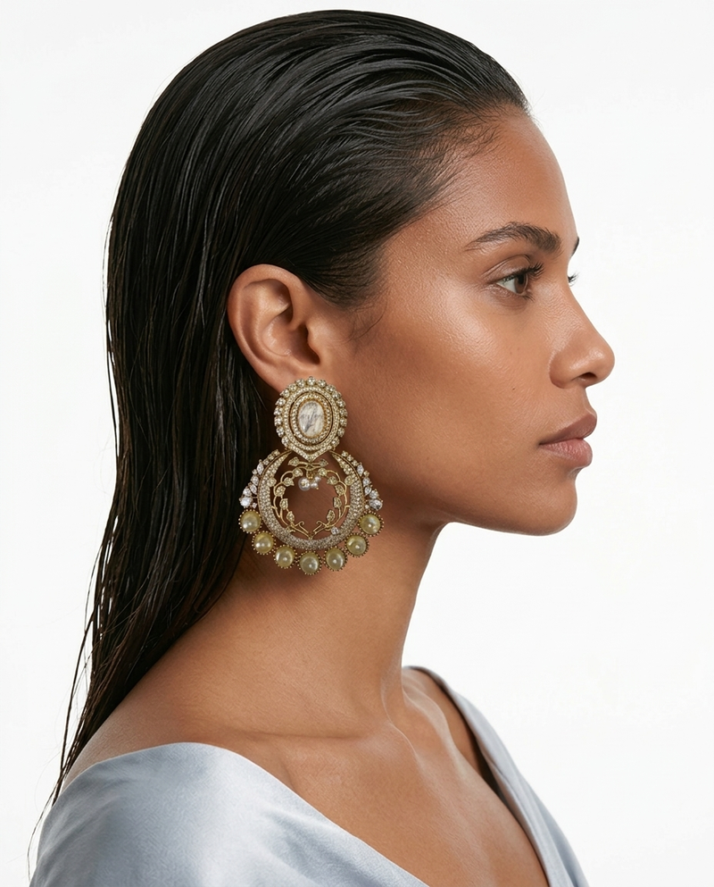Fareeha Semi Precious Moonstone Zircon Pearl Statement Earrings — worn on model — Prerto