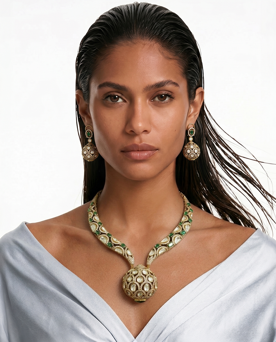 Pazeer Emerald Moissanite Polki Kundan Diamond Statement Luxe Necklace Set — front view — Prerto