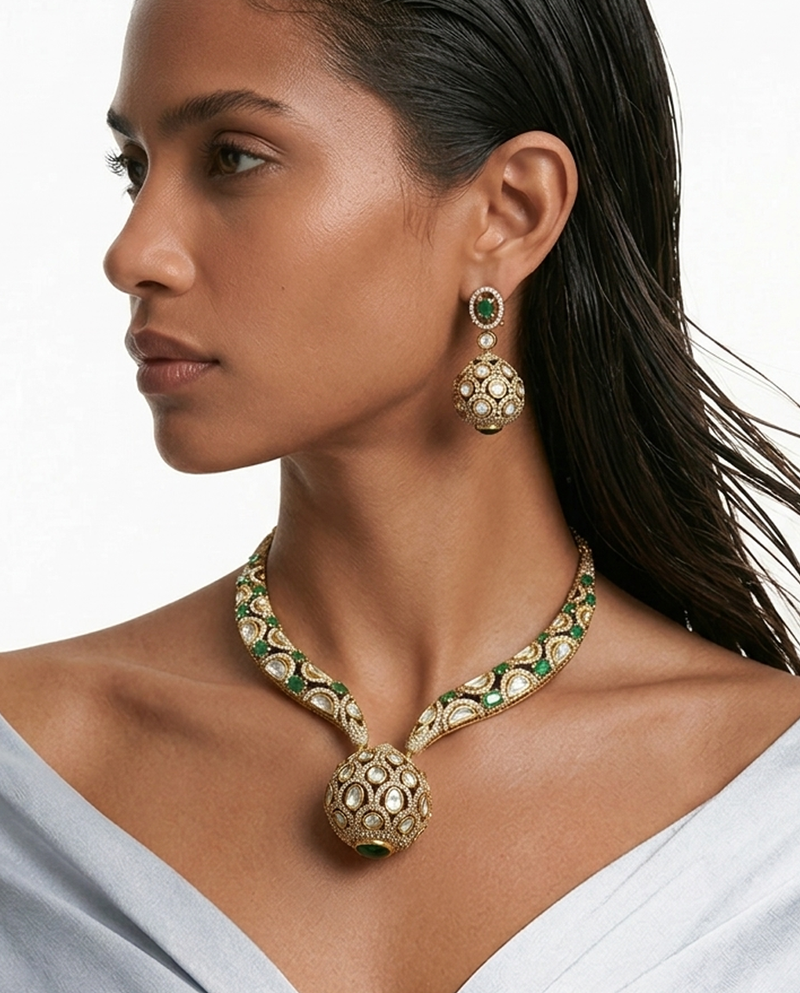 Pazeer Emerald Moissanite Polki Kundan Diamond Statement Luxe Necklace Set — worn on model — Prerto
