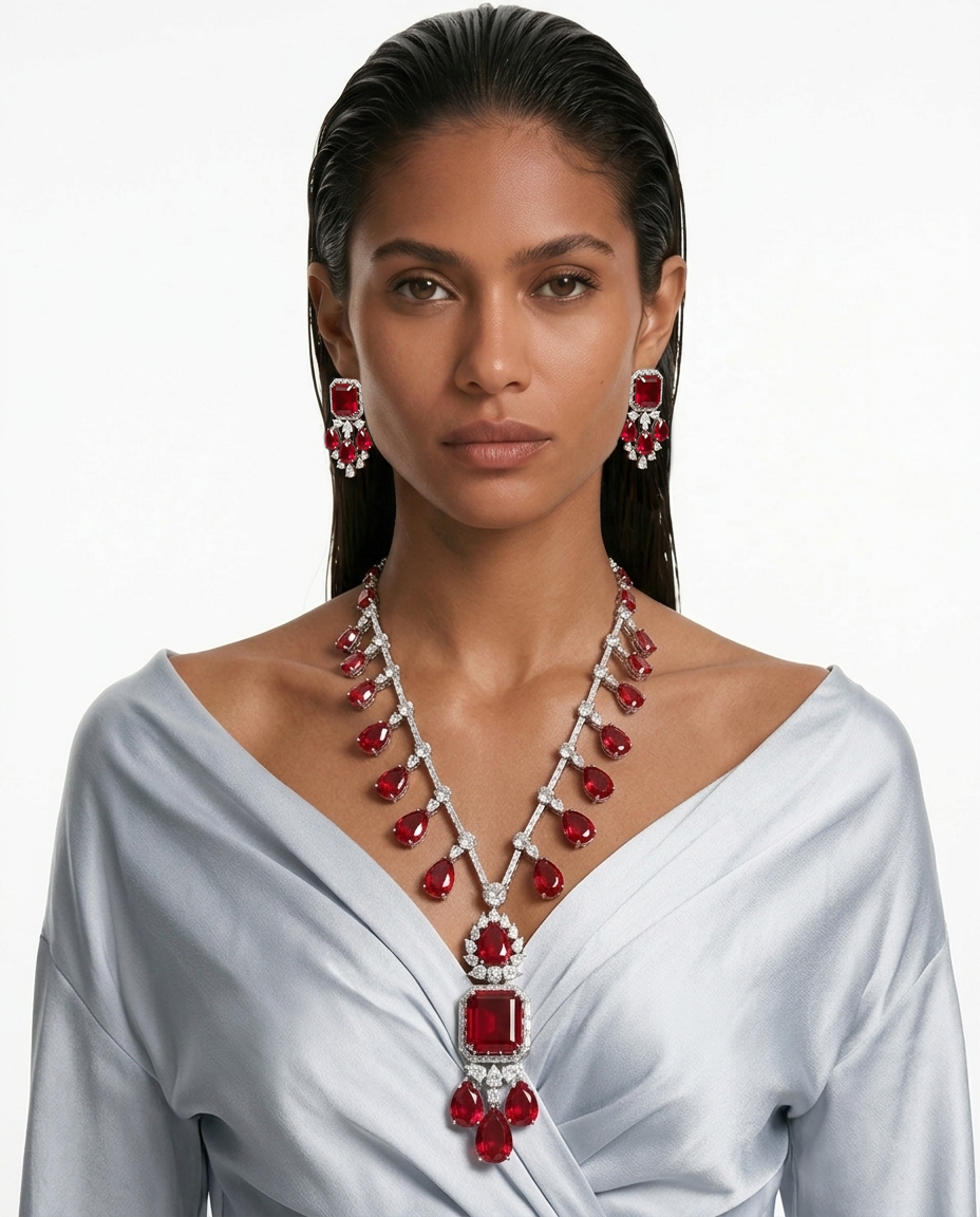 Yuri Ruby Tear Drop Dimonte Statement Necklace Set — detail view — Prerto