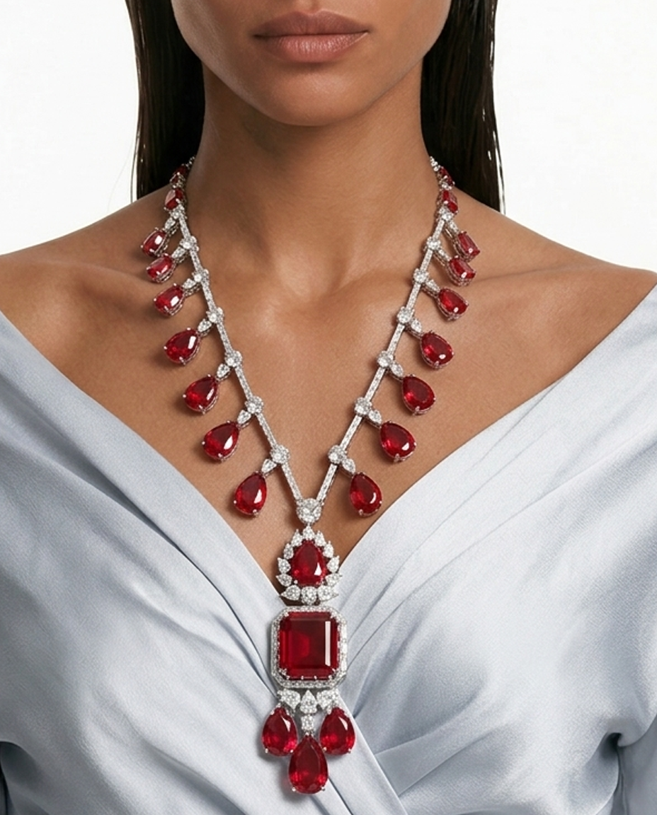 Yuri Ruby Tear Drop Dimonte Statement Necklace Set — worn on model — Prerto