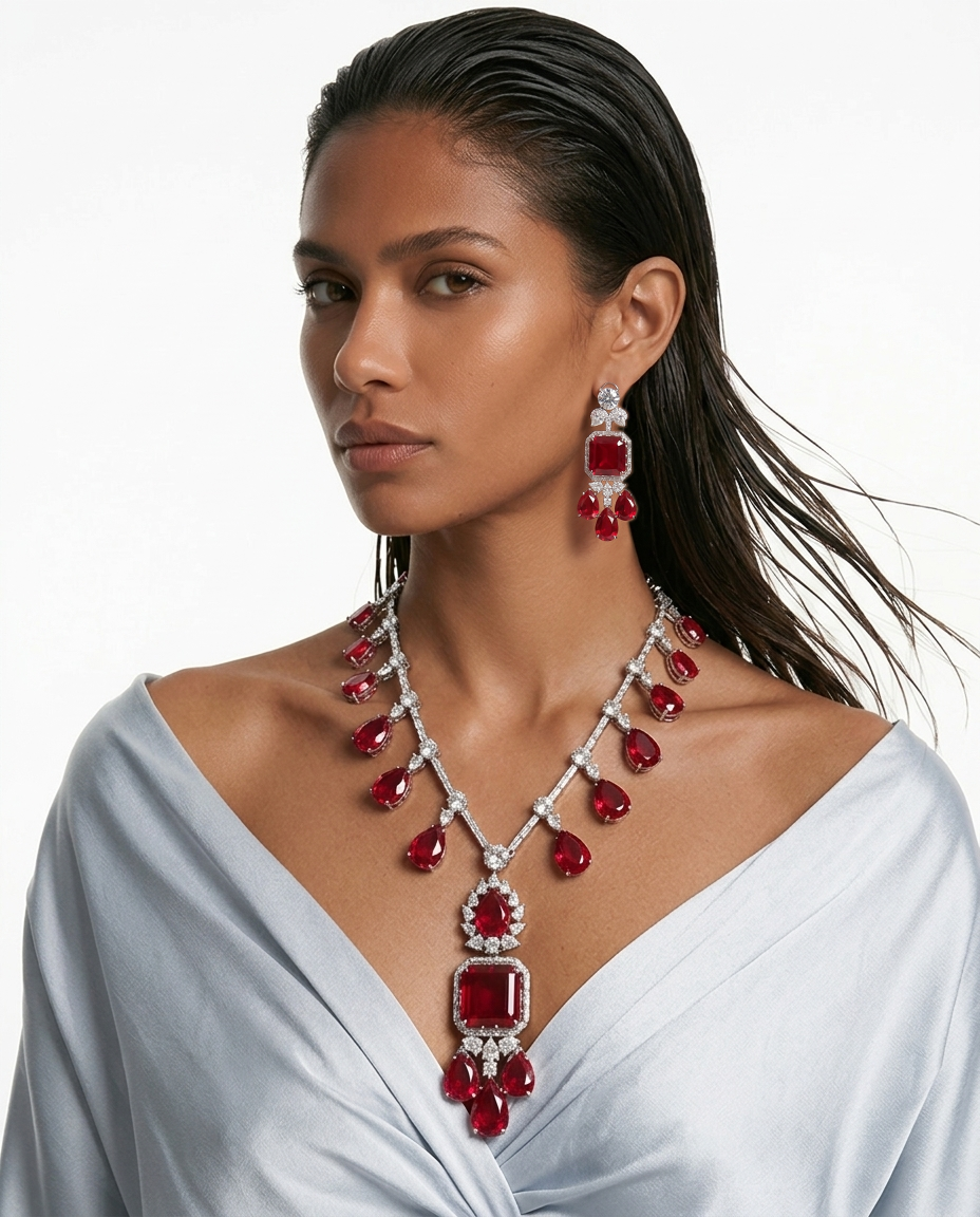 Yuri Ruby Tear Drop Dimonte Statement Necklace Set by Prerto — Indian & Arab wedding jewellery