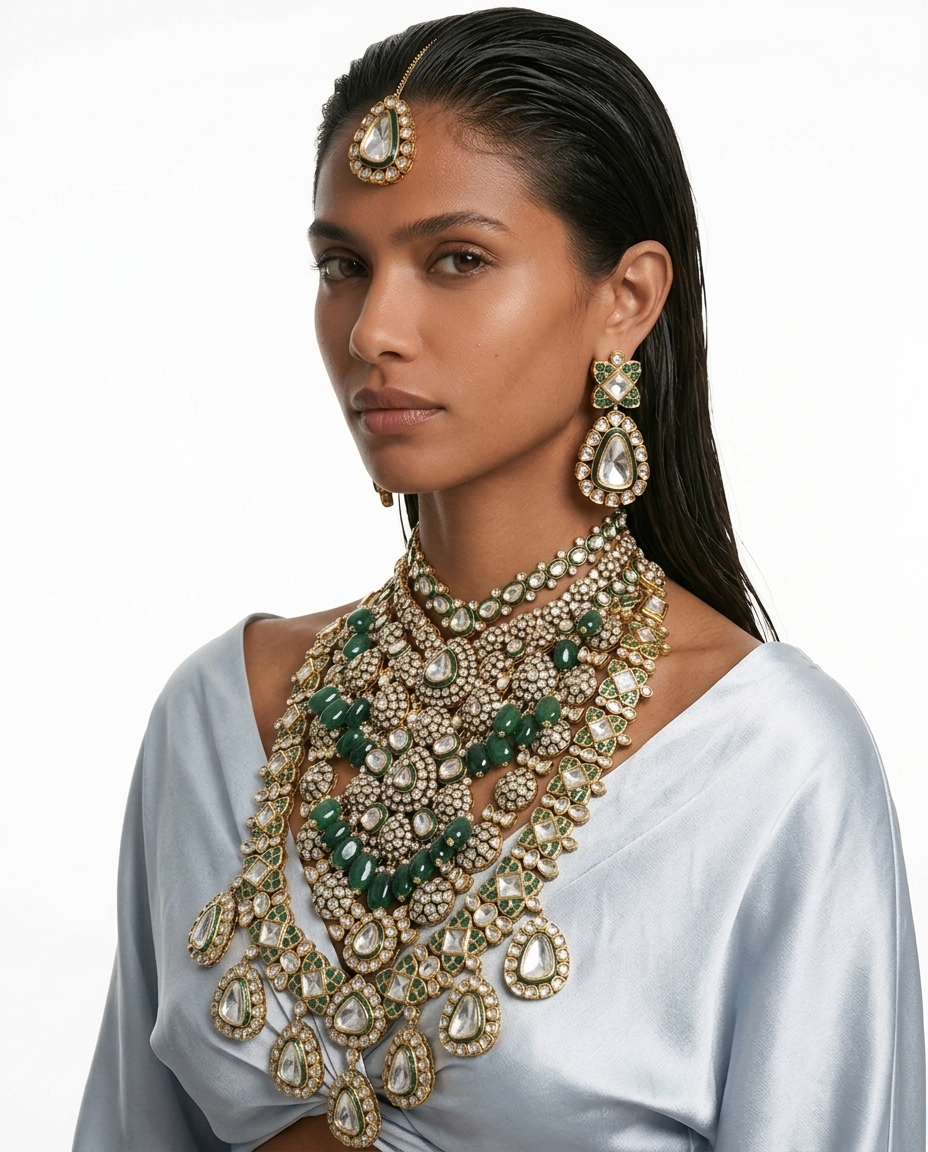 Maharani Alaya Emerald Moissanite Royal & Ausa Polki Kundan Duo Necklace Set — worn on model — Prerto