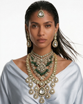 Maharani Alaya Emerald Moissanite Royal & Ausa Polki Kundan Duo Necklace Set — front view — Prerto