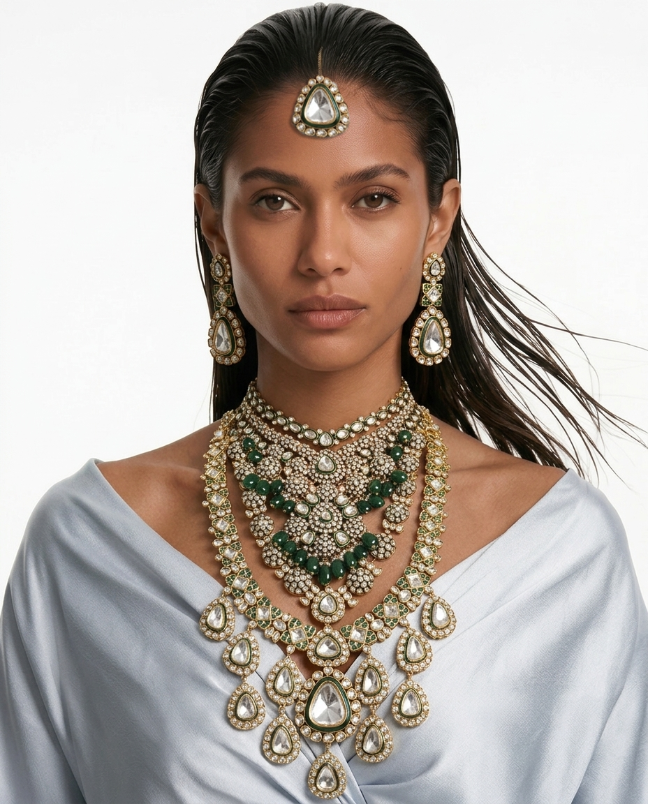 Maharani Alaya Emerald Moissanite Royal & Ausa Polki Kundan Duo Necklace Set — front view — Prerto